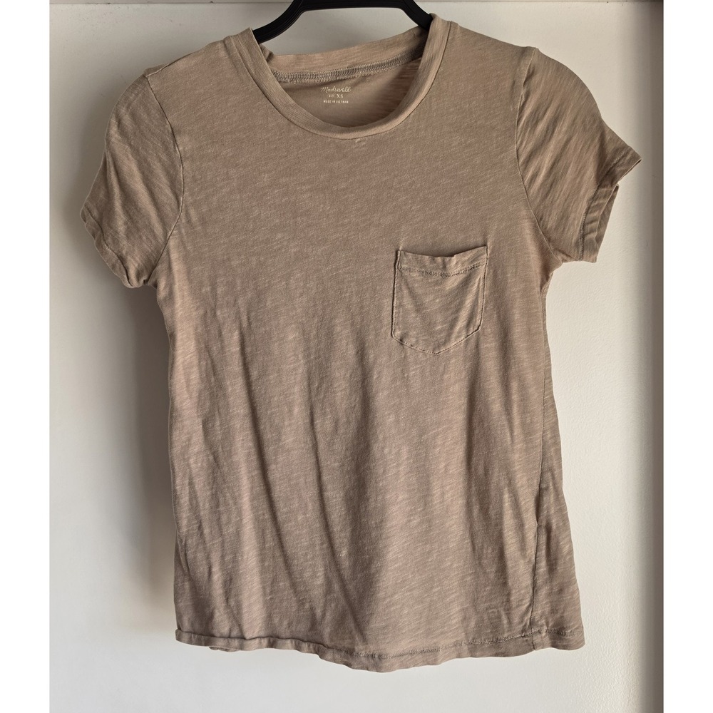 Madewell Women T-Shirt XS Beige Solid Crew Neck Short Sleeve Tee Top Shirt